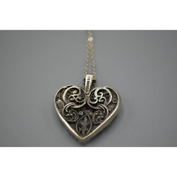 Sterling Silver Heart Pendant w Ruby Stone FM 83 Franklin Mint Filigree 925 - Picture 11 of 11